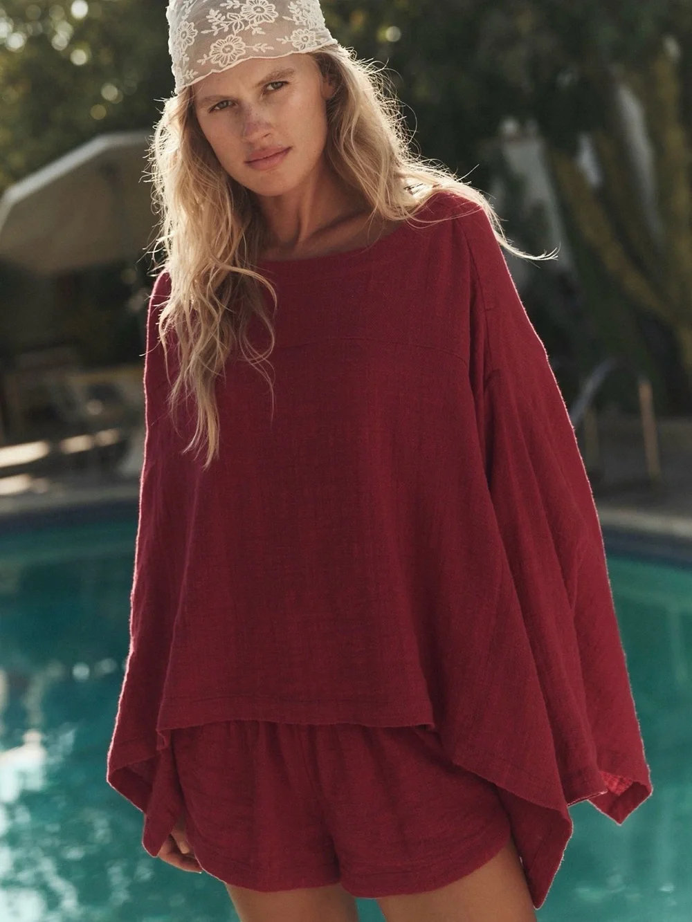 Free People Mauve (Brownish Pink) Oversized Gauze Top and Short Set